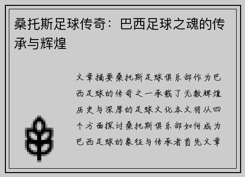 桑托斯足球传奇：巴西足球之魂的传承与辉煌
